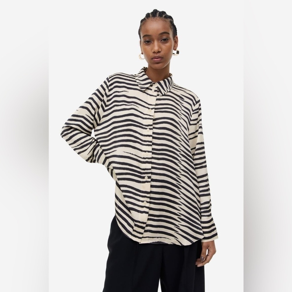 Black and White Zebra Print Long Sleeve Button Down Shirt - Picture 2 of 10